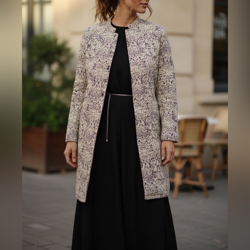 VTG Chico’s Black & Silver Jacquard Tapestry Longline Blazer Jacket Mock Neck M